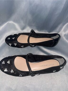 Stuart Weitzman Black Embellished Mary Jane Flats with Crystal Flowers